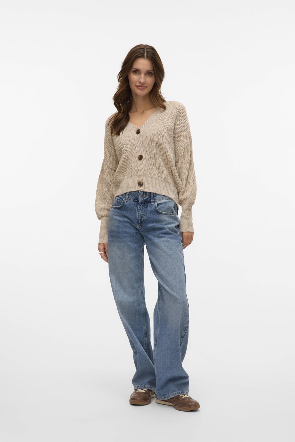 Taupe dames VERO MODA cardigan gebreid van acryl met effen, lange mouwen, V-hals en knoopsluiting