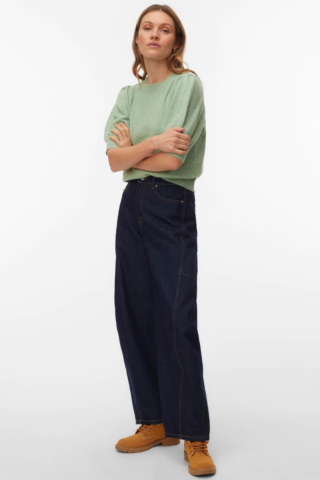 Groene dames VERO MODA trui gebreid van polyester met effen, korte mouwen en ronde hals