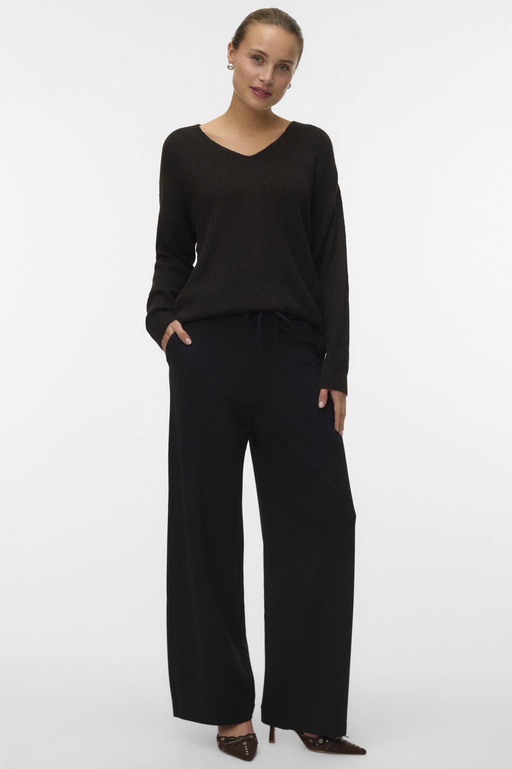 Zwarte dames VERO MODA wide leg high waist casual broek van viscose met elastische tailleband met koord en effen