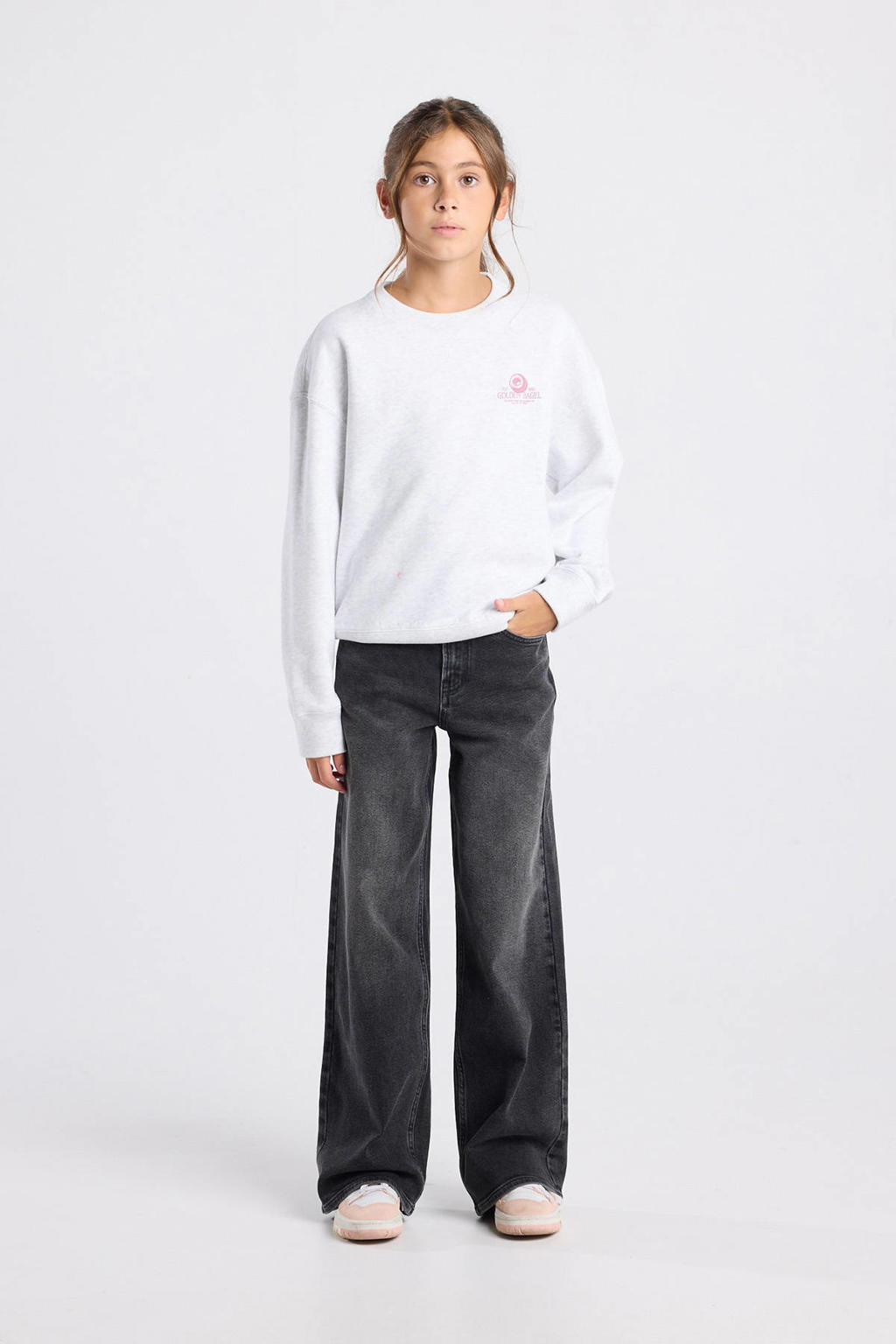 Zwarte meisjes America Today wide leg jeans van denim met rits- en knoopsluiting en effen