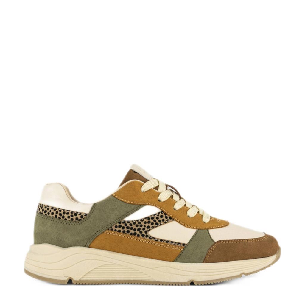 Cognac, ecru en groene dames Graceland chunky sneakers van imitatieleer met veters