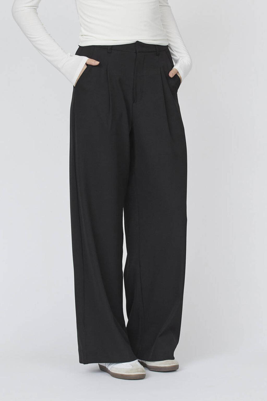 Zwarte dames SisterS Point regular waist pantalon van polyester met loose fit, rits- en haaksluiting en effen