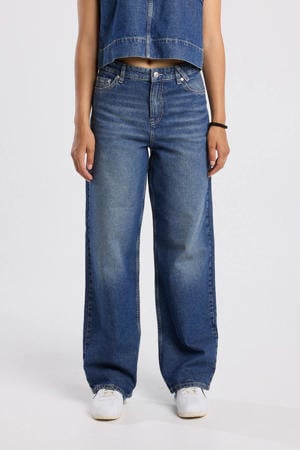 high waist wide leg jeans medium blue denim