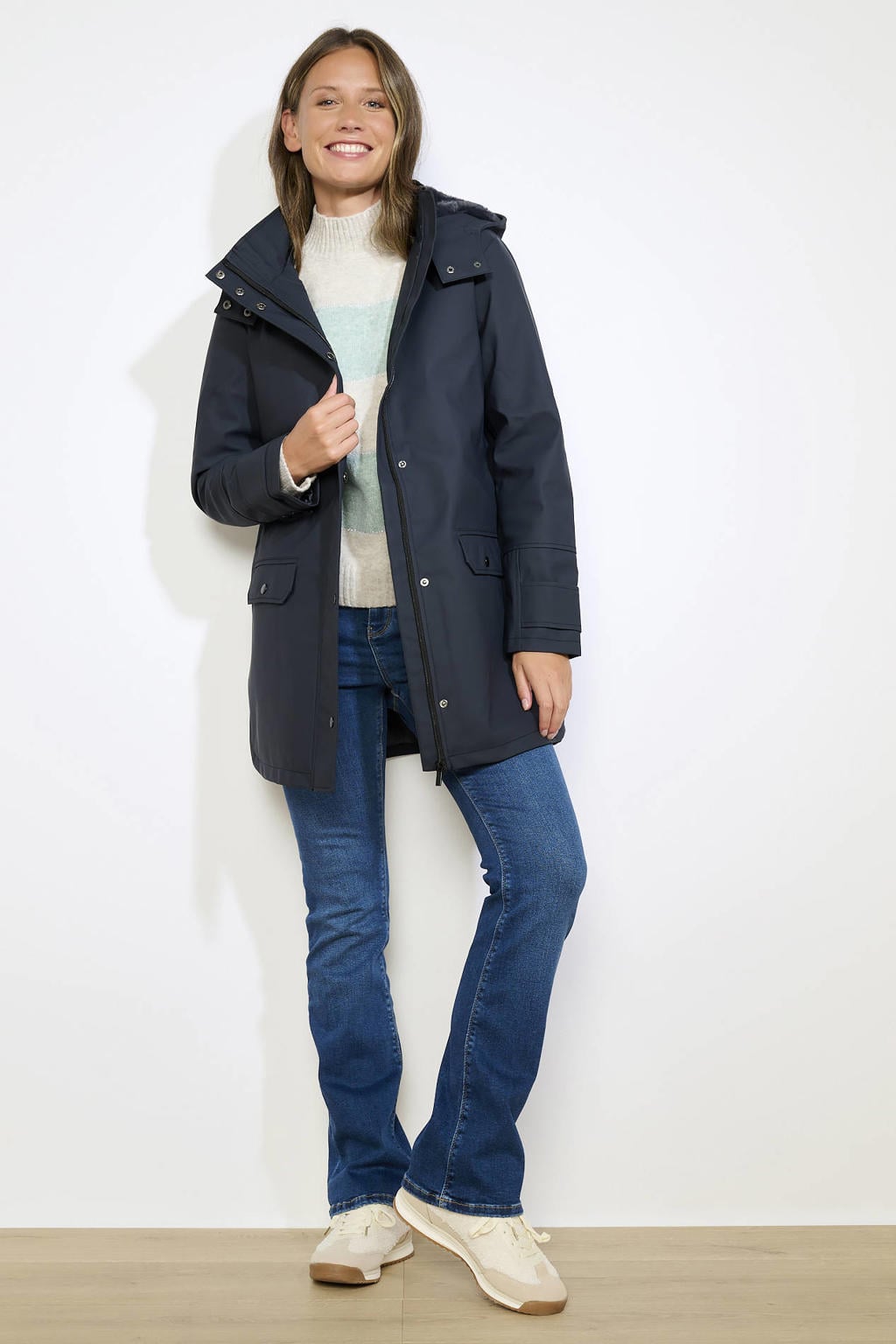 Donkerblauwe dames LOLALIZA parka van polyester met effen, lange mouwen en capuchon