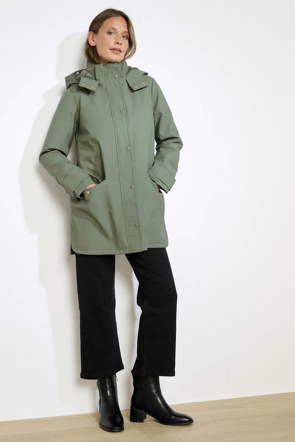 Kakikleurige dames LOLALIZA parka van polyester met effen, lange mouwen en capuchon