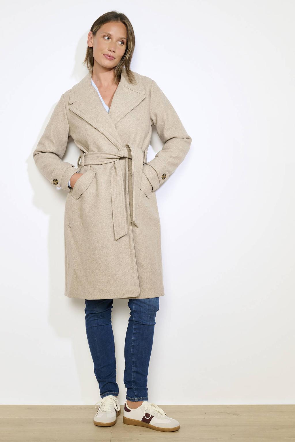 Beige dames LOLALIZA wollen manteljas met effen, lange mouwen en klassieke kraag