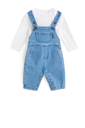 denim tuinbroek + longsleeve medium blue denim/wit