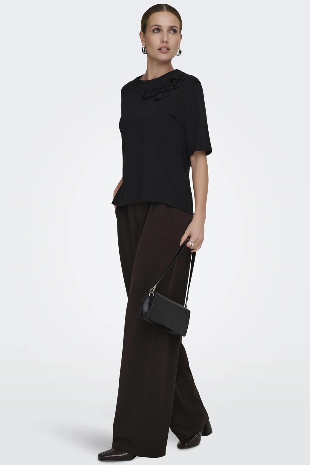 Donkerblauwe dames JDY regular waist casual broek van polyester met rits- en knoopsluiting en effen