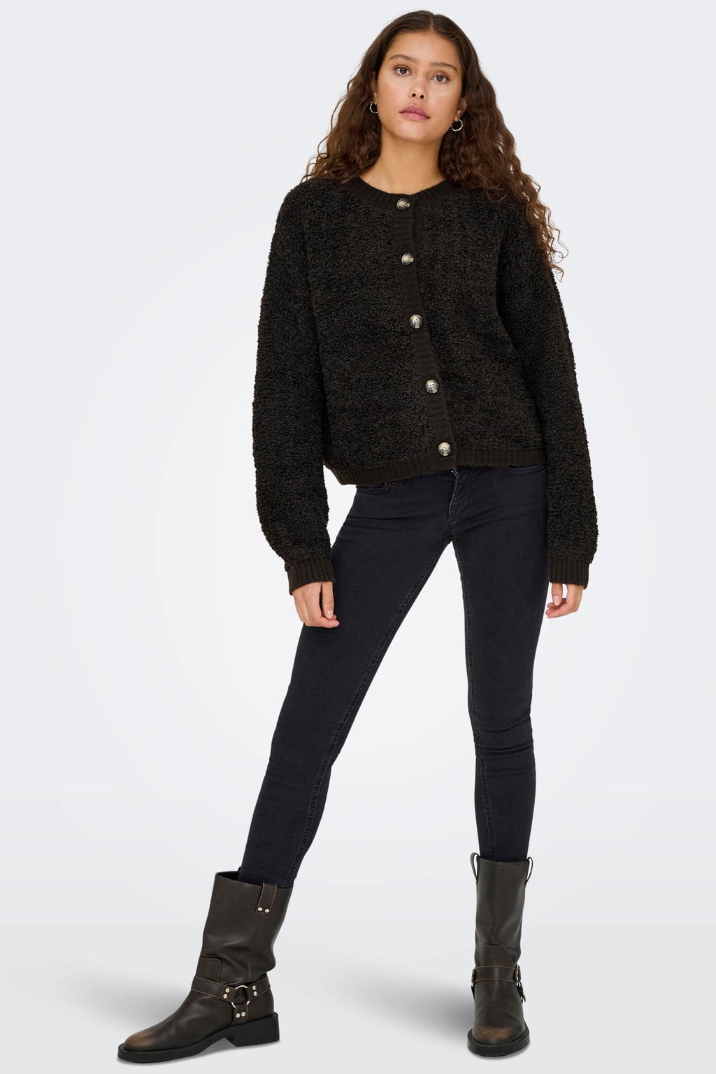 Donkerblauwe dames JDY teddy cardigan met effen, lange mouwen, ronde hals, knoopsluiting en gebreide details