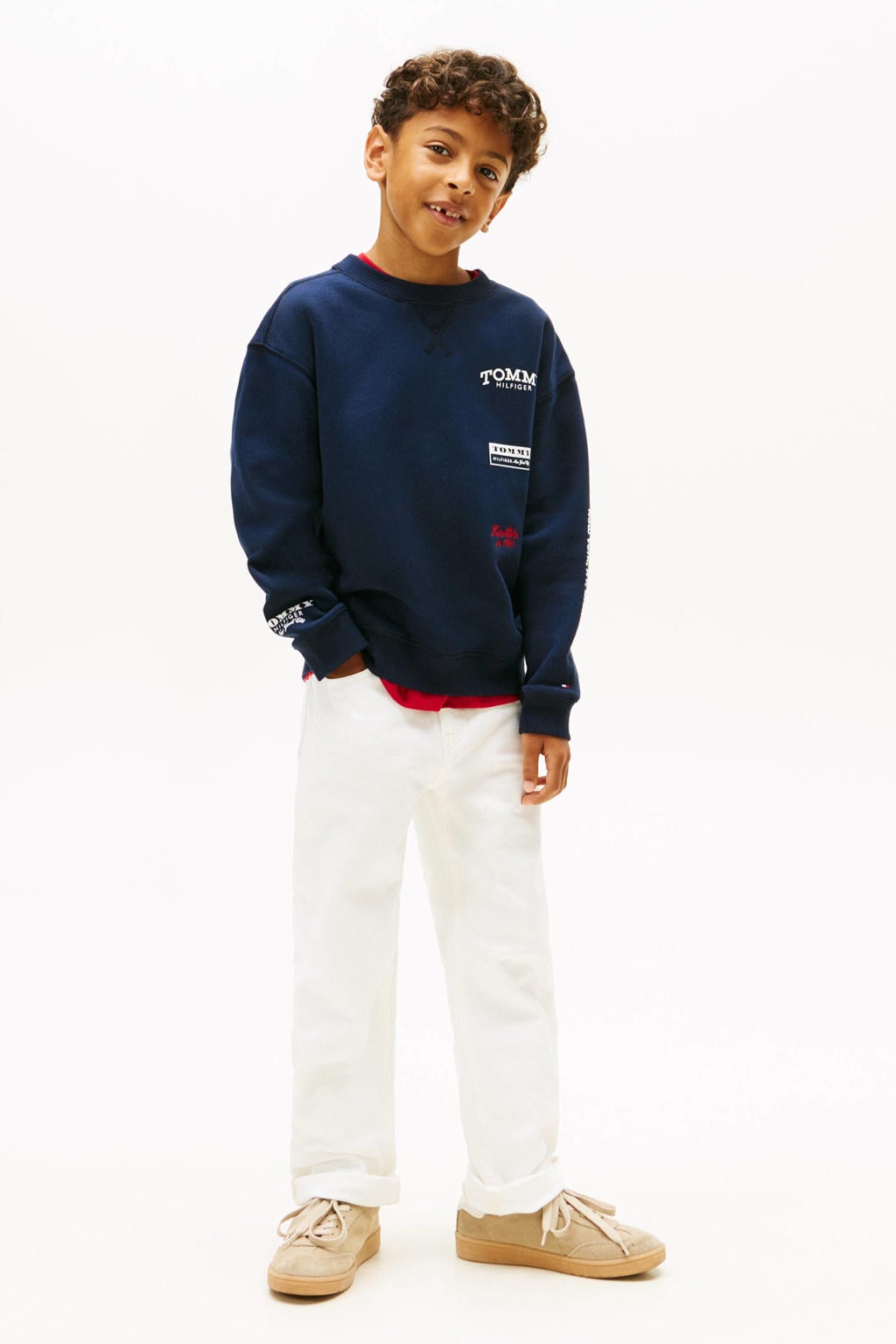 Donkerblauwe jongens Tommy Hilfiger sweater van katoen met backprint, lange mouwen en ronde hals