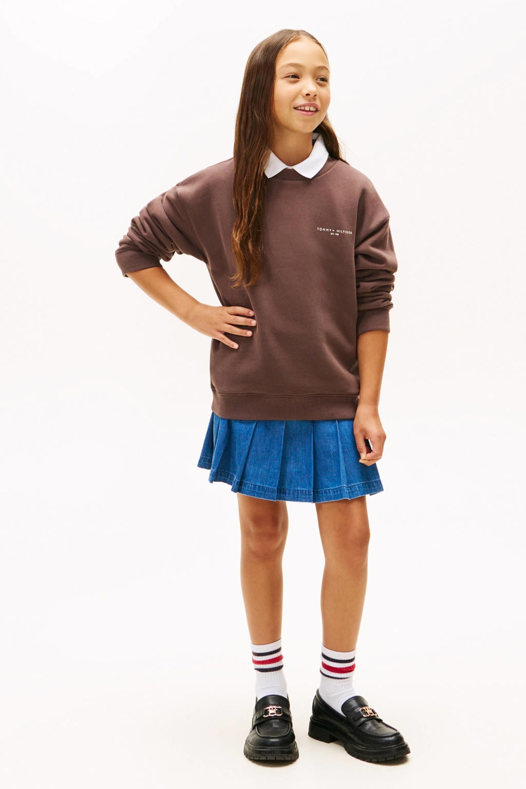 Donkerblauwe jongens en meisjes Tommy Hilfiger sweater van katoen met effen, lange mouwen en ronde hals