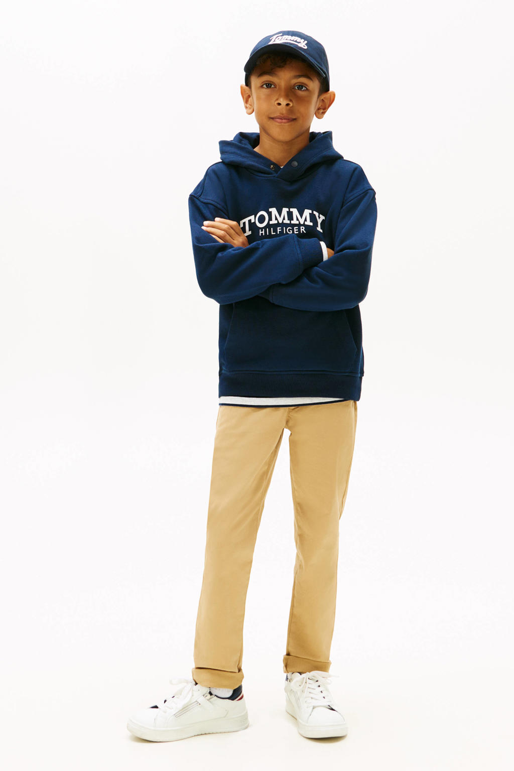 Donkerblauwe jongens Tommy Hilfiger hoodie van katoen met logo dessin, lange mouwen en capuchon