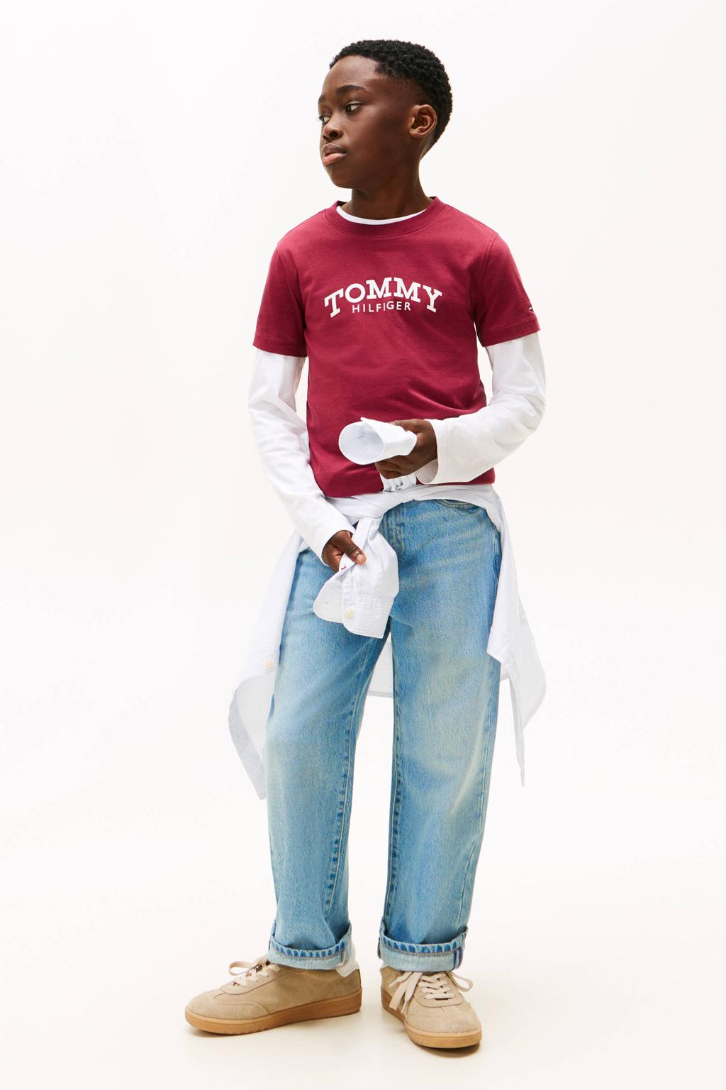 Rode jongens Tommy Hilfiger T-shirt van katoen met logo dessin, korte mouwen en ronde hals