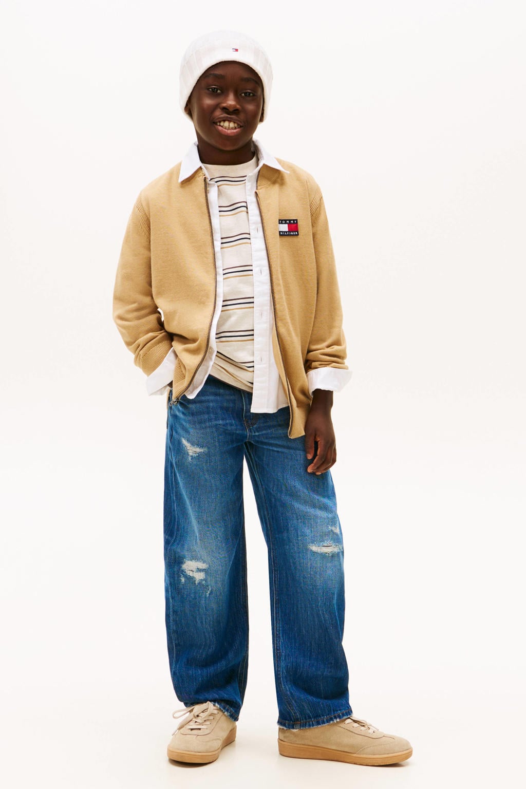 Dark blue denim jongens Tommy Hilfiger baggy jeans dark blue van denim met rits- en knoopsluiting en effen