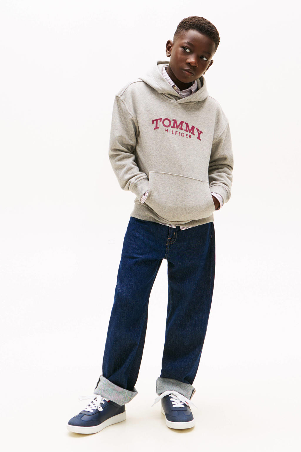 Grijze jongens Tommy Hilfiger hoodie van katoen met logo dessin, lange mouwen en capuchon