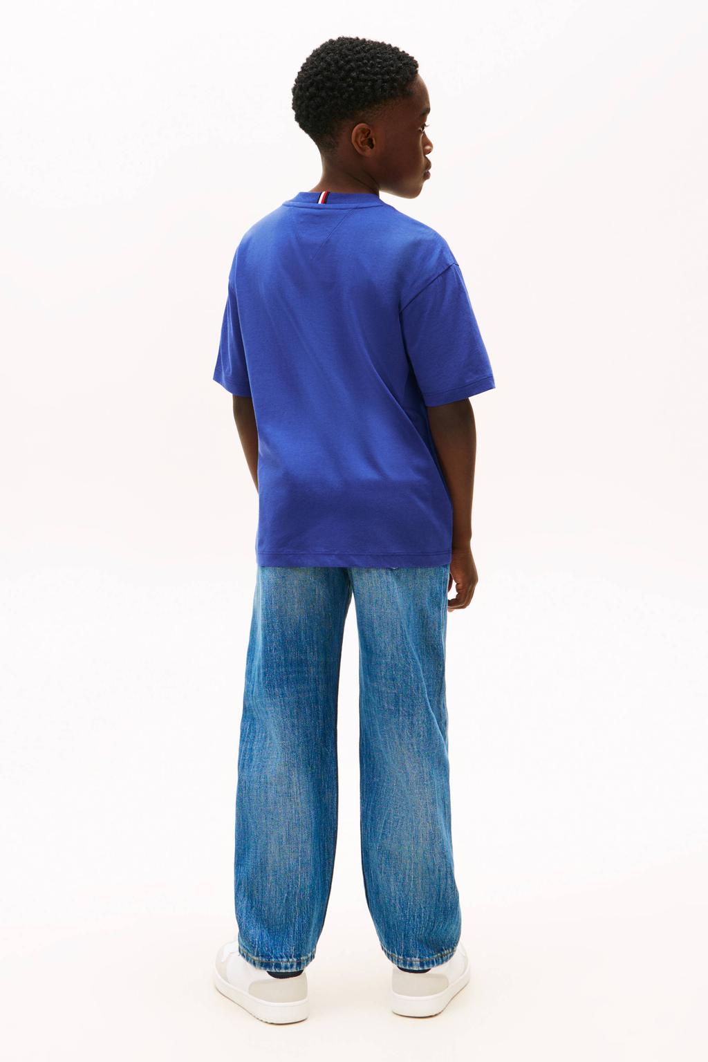 Blauwe jongens Tommy Hilfiger T-shirt van katoen met effen, korte mouwen en ronde hals