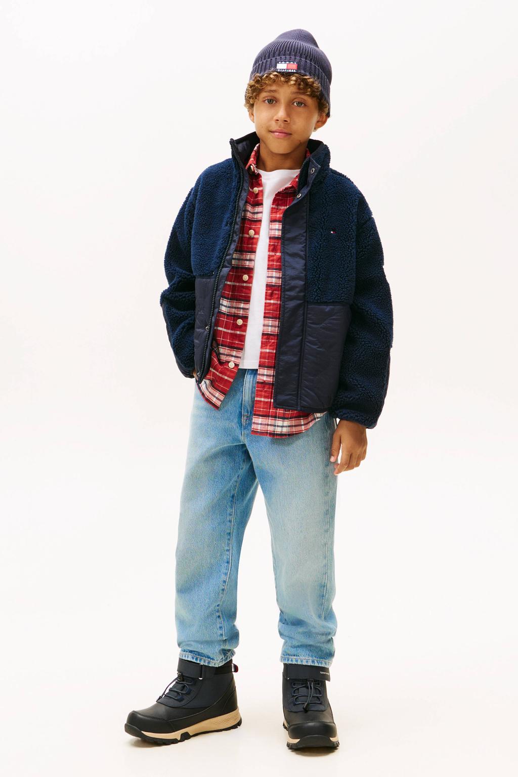 Donkerblauwe jongens Tommy Hilfiger teddy jas herfst winter met effen, lange mouwen en rits- en drukknoopsluiting