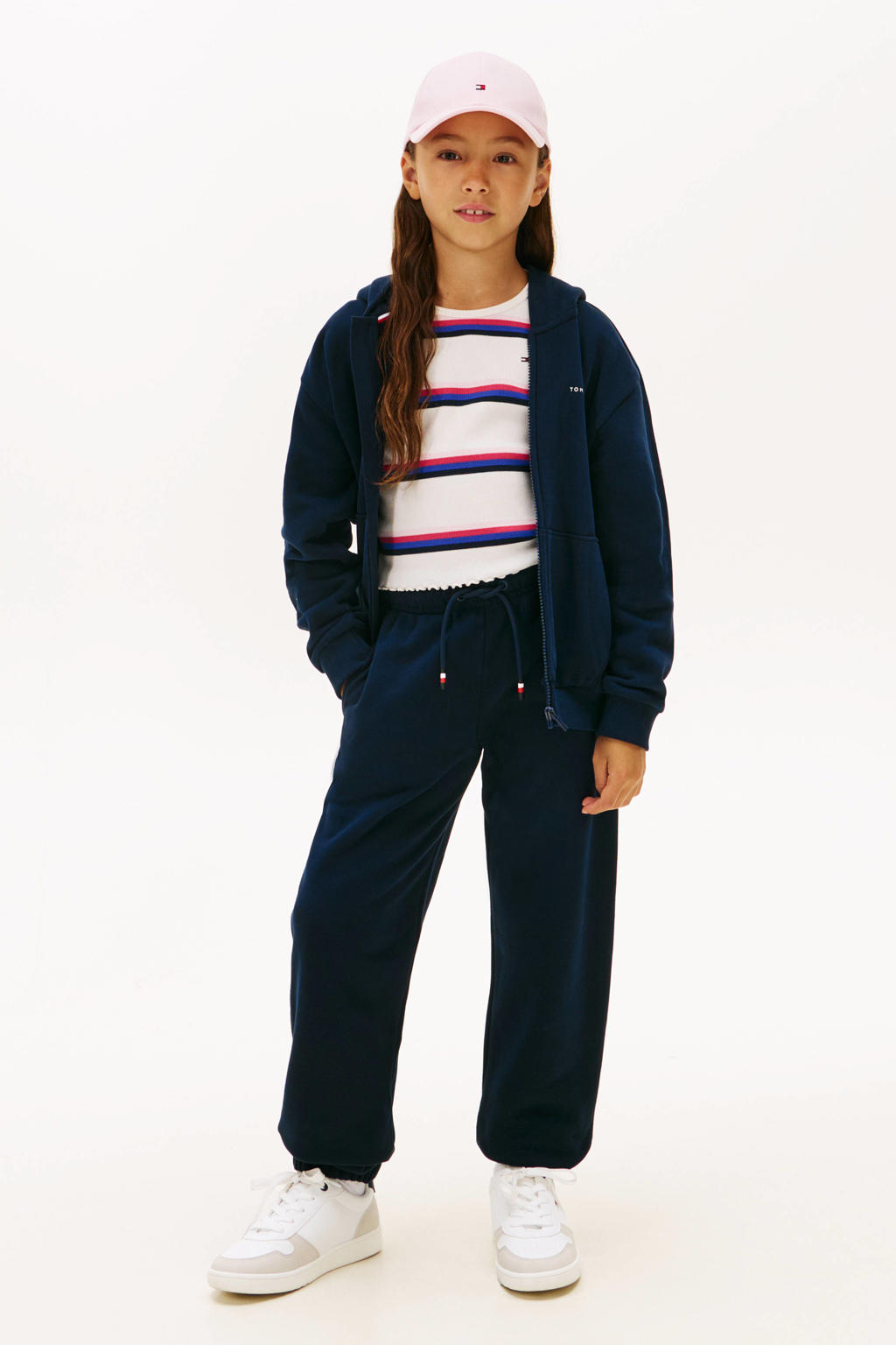 Donkerblauwe jongens en meisjes Tommy Hilfiger casual broek van katoen met elastische tailleband met koord en logo dessin