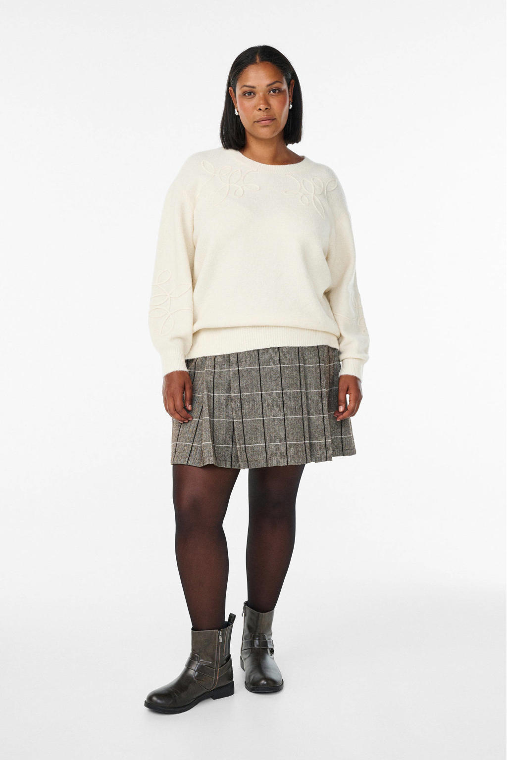 Ecru dames Zizzi pullover van acryl met effen, lange mouwen, ronde hals en borduursels