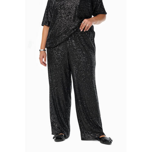 Zizzi wide leg high waist broek zwart met pailletten afbeelding
