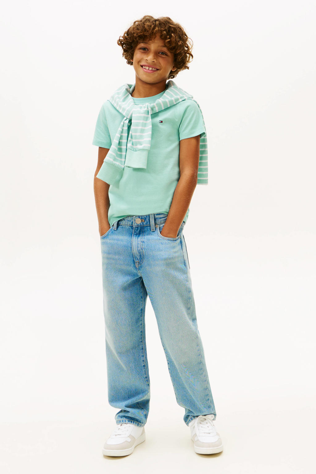 Mintgroene jongens Tommy Hilfiger T-shirt van katoen met effen, korte mouwen en ronde hals