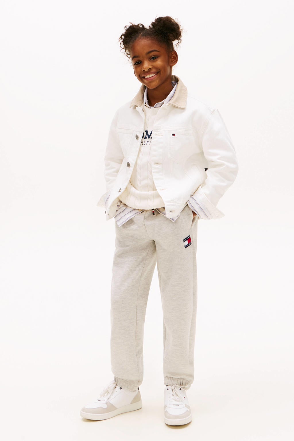 Lichtgrijze jongens en meisjes Tommy Hilfiger joggingbroek van sweat materiaal met elastische tailleband met koord en effen