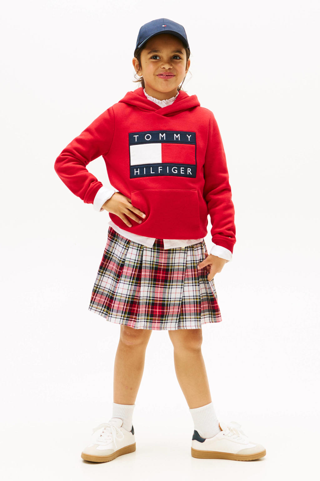 Rode jongens en meisjes Tommy Hilfiger hoodie van sweat materiaal met logo dessin, lange mouwen en capuchon