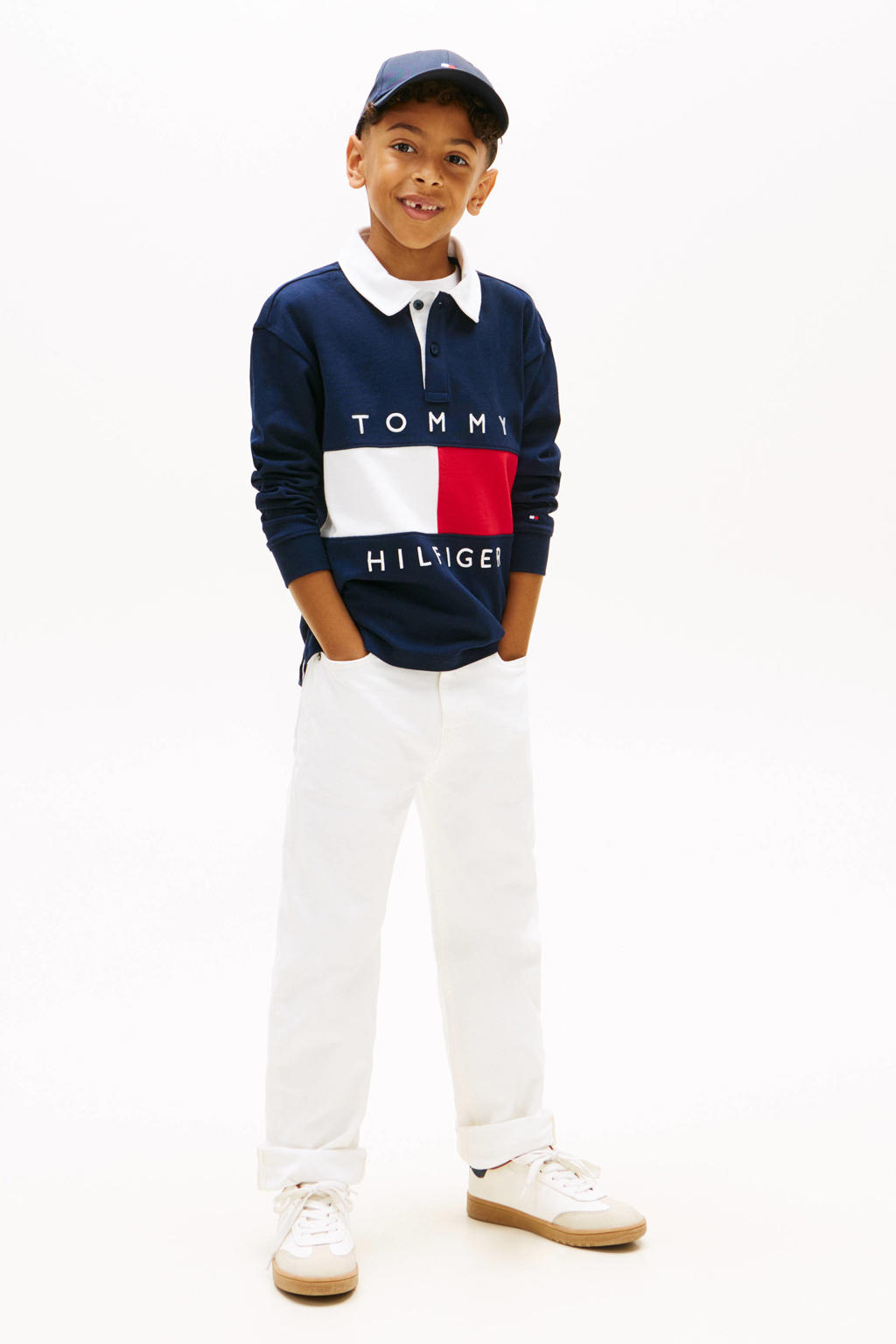 Donkerblauwe jongens Tommy Hilfiger polo van katoen met logo dessin, lange mouwen en knoopsluiting