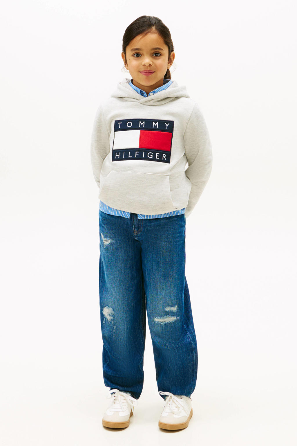 Lichtgrijze jongens en meisjes Tommy Hilfiger hoodie van sweat materiaal met logo dessin, lange mouwen en capuchon