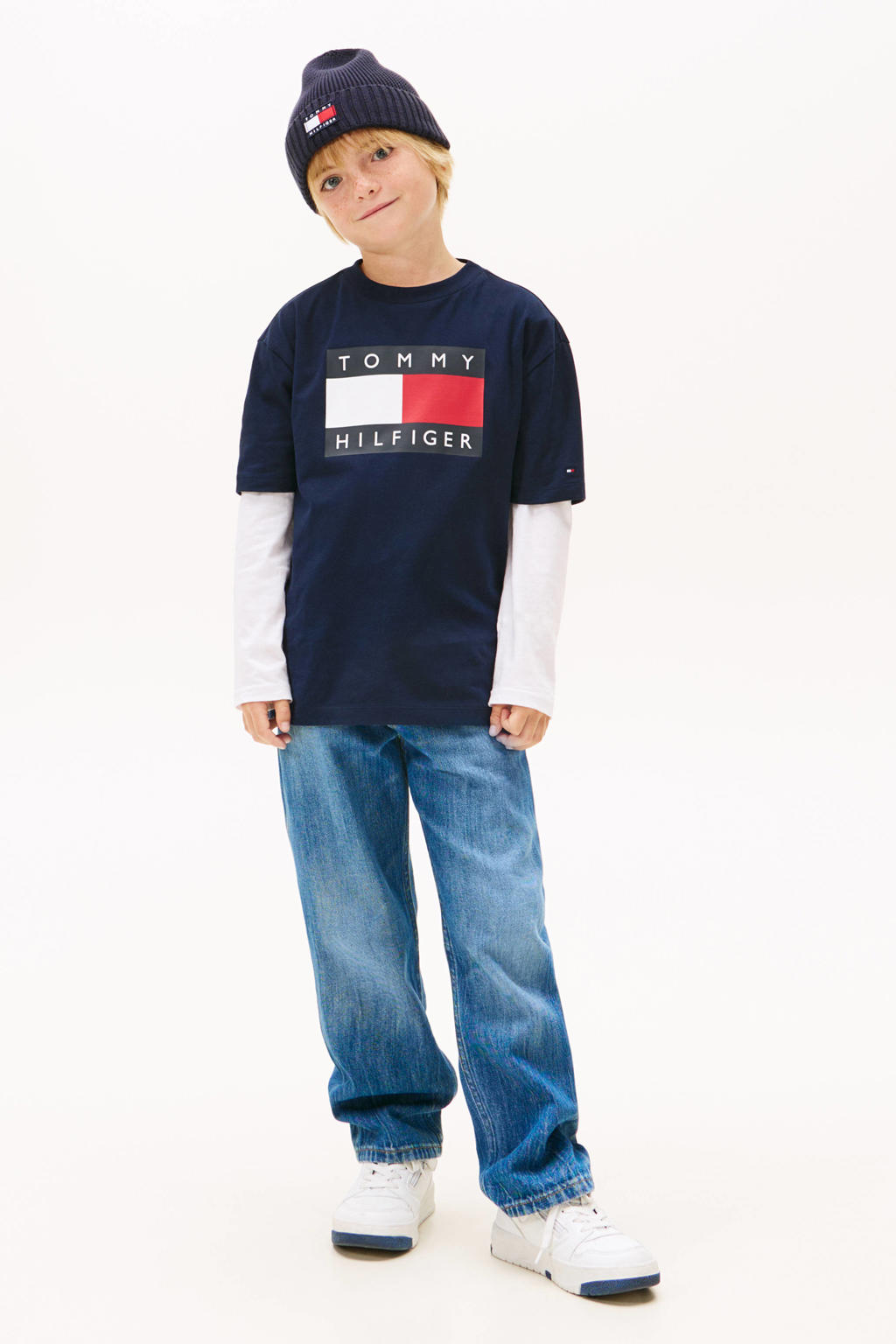 Donkerblauwe jongens Tommy Hilfiger T-shirt van katoen met logo dessin, korte mouwen en ronde hals