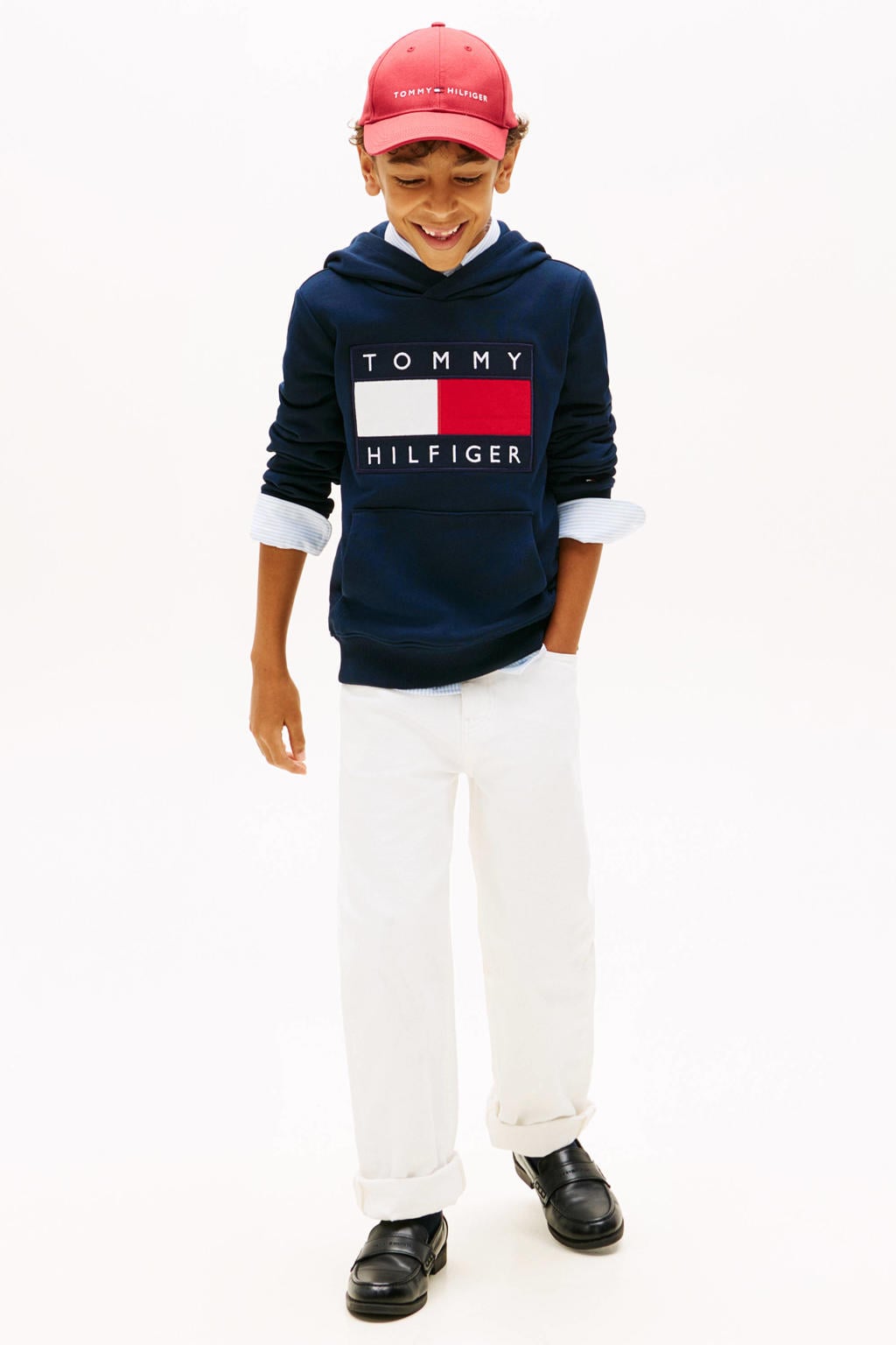 Donkerblauwe jongens en meisjes Tommy Hilfiger hoodie van sweat materiaal met logo dessin, lange mouwen en capuchon