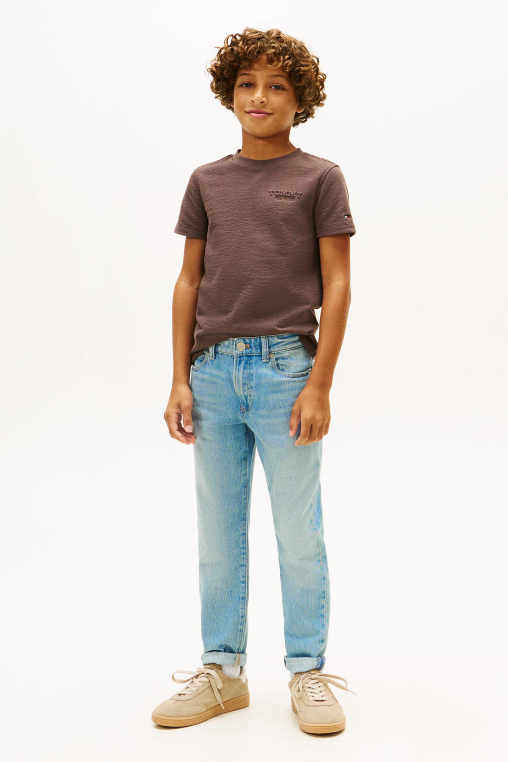 Donkerblauwe jongens Tommy Hilfiger T-shirt van katoen met effen, korte mouwen en ronde hals