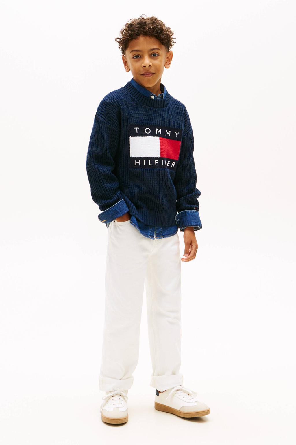 Donkerblauwe jongens Tommy Hilfiger trui gebreid van katoen met logo dessin, lange mouwen en ronde hals