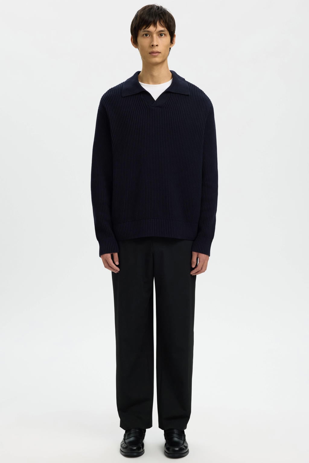 Donkerblauwe heren Selected pullover rib gebreid van katoen met effen, lange mouwen en polo kraag