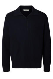 thumbnail: Donkerblauwe heren SELECTED HOMME pullover rib gebreid van katoen met effen, lange mouwen en klassieke kraag