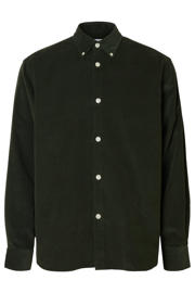 thumbnail: Donkergroene heren SELECTED HOMME regular casual overhemd van corduroy met effen, lange mouwen, button down sluiting en knoopsluiting