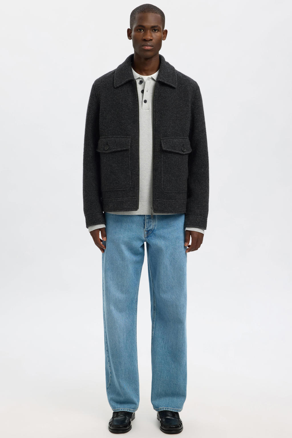 Grijze heren SELECTED HOMME jacket van wol met effen, lange mouwen, klassieke kraag en ritssluiting