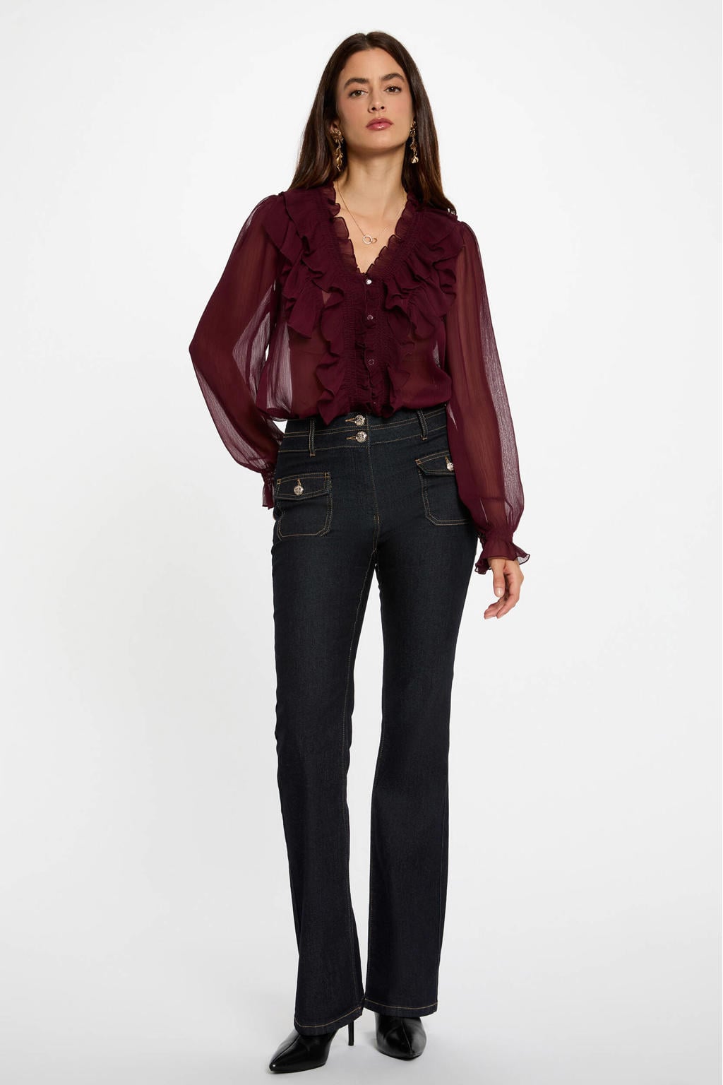 Donkerrode dames Morgan blouse van polyester met effen, lange mouwen, V-hals en ruches