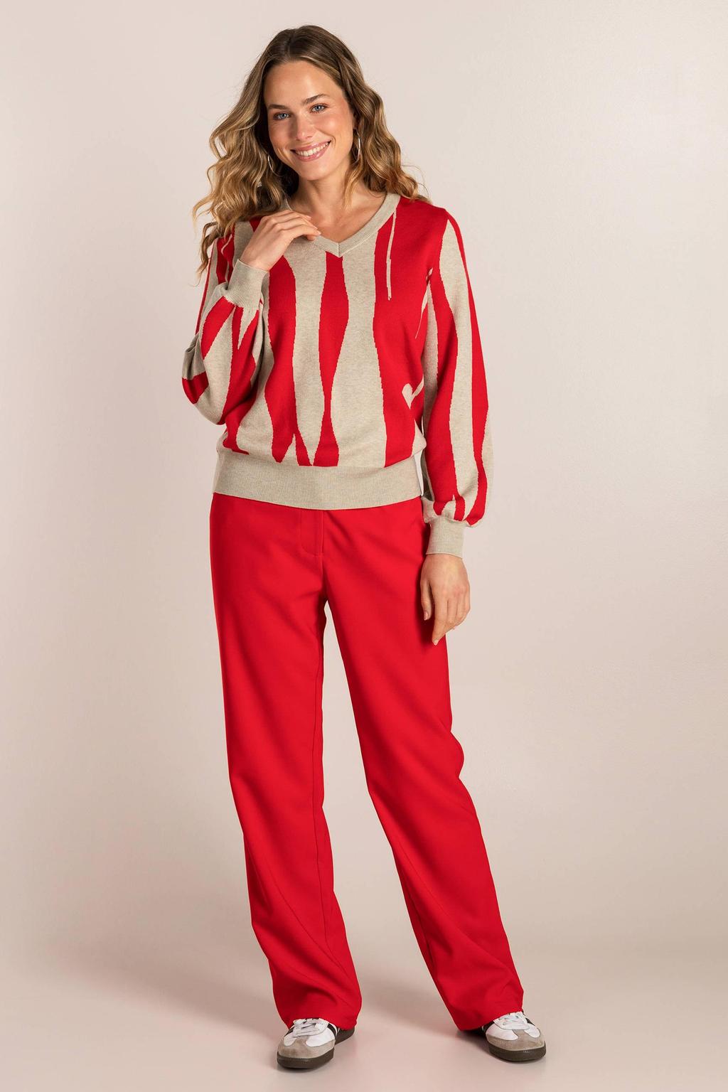 Beige en rode dames Ivy Beau gebreide trui van viscose met lange mouwen en V-hals