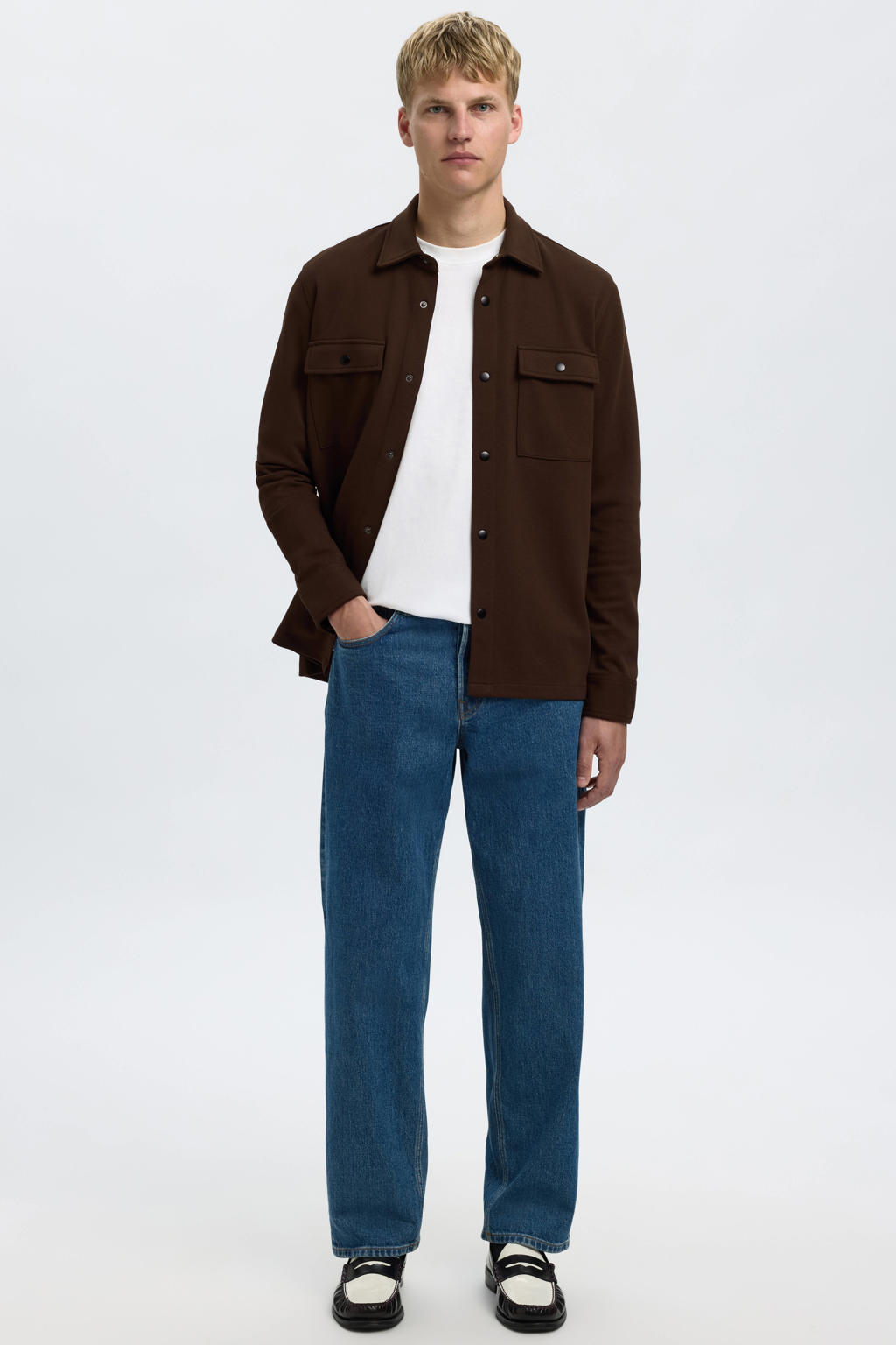 Donkerblauwe heren Selected overshirt van katoen met effen, lange mouwen, klassieke kraag en drukknoopsluiting