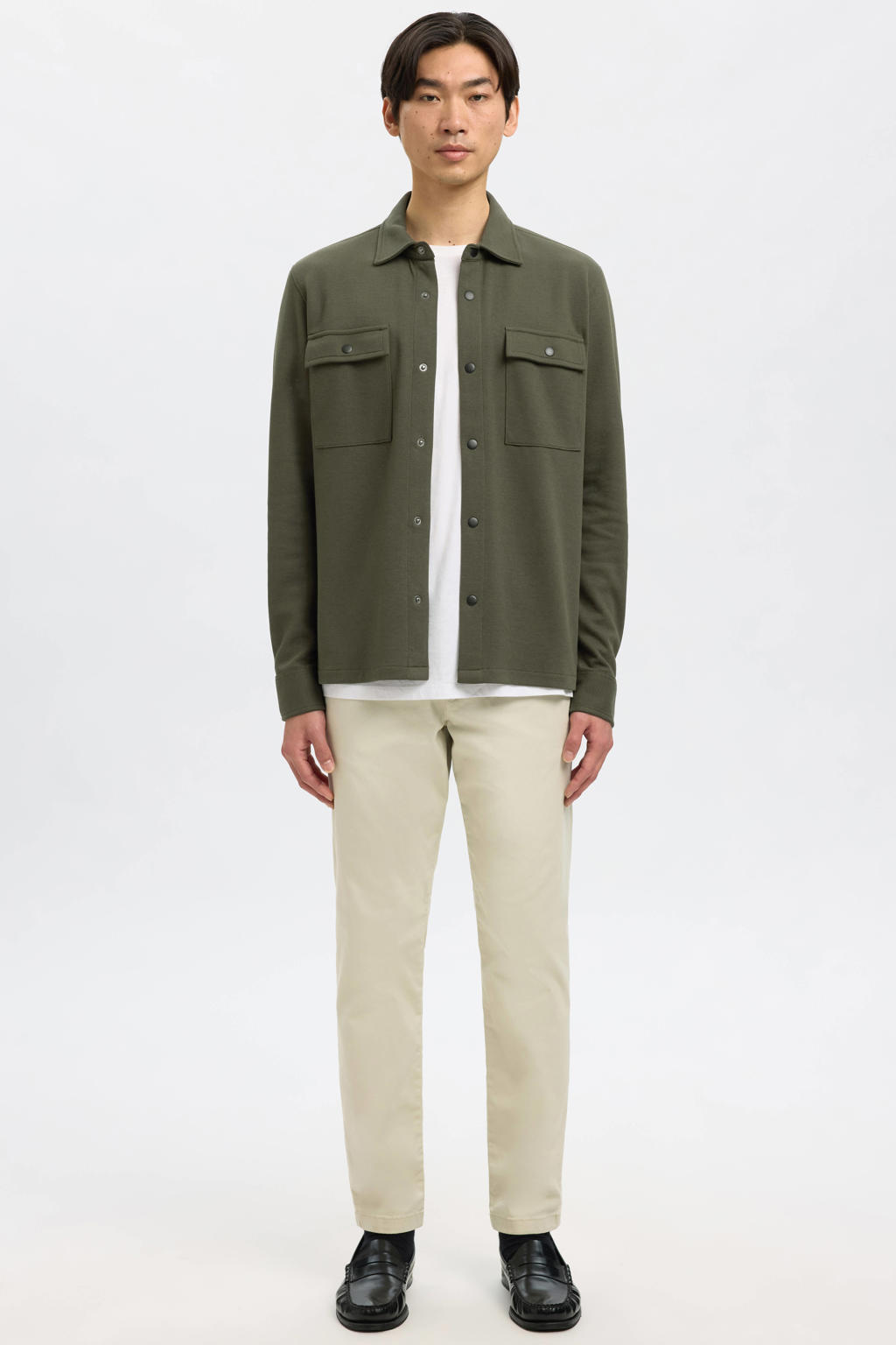 Donkergroene heren Selected overshirt van katoen met effen, lange mouwen, klassieke kraag en drukknoopsluiting
