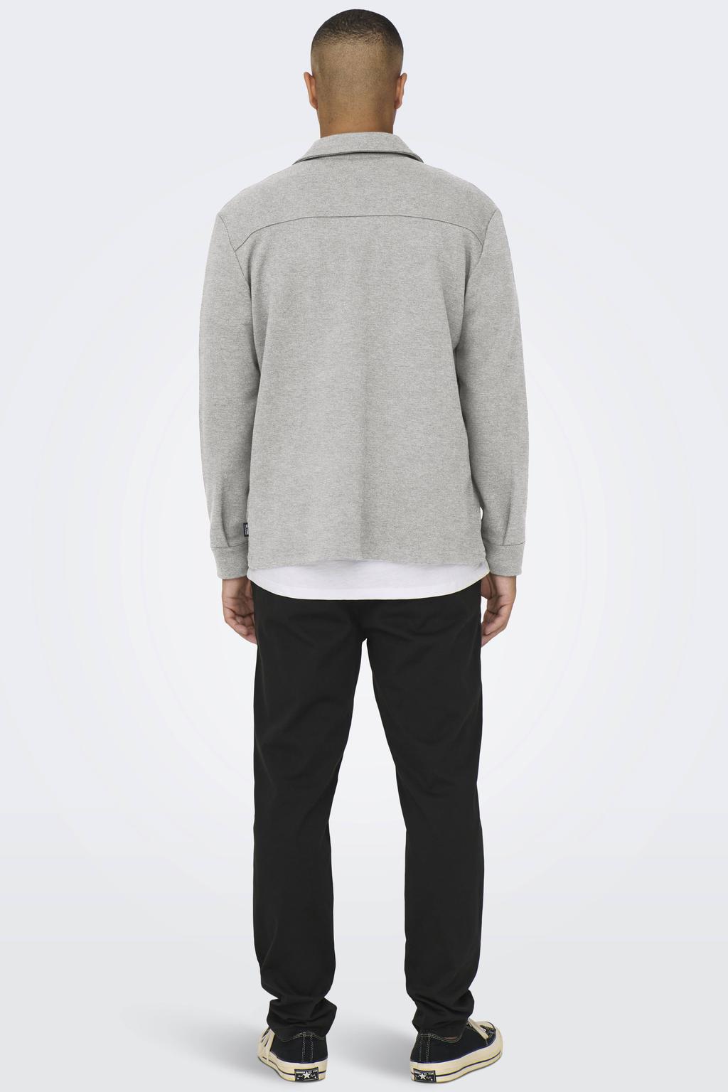 Grijze heren ONLY & SONS regular overshirt van polyester met melée print, lange mouwen, klassieke kraag en knoopsluiting