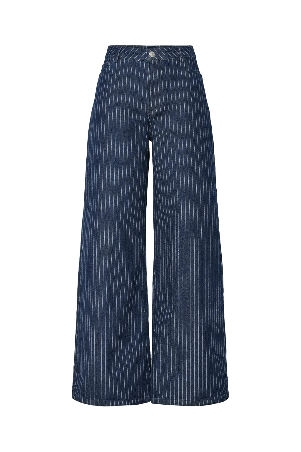 Medium blue denim dames PIECES Curve wide leg jeans van denim met rits- en knoopsluiting en krijtstreepprint