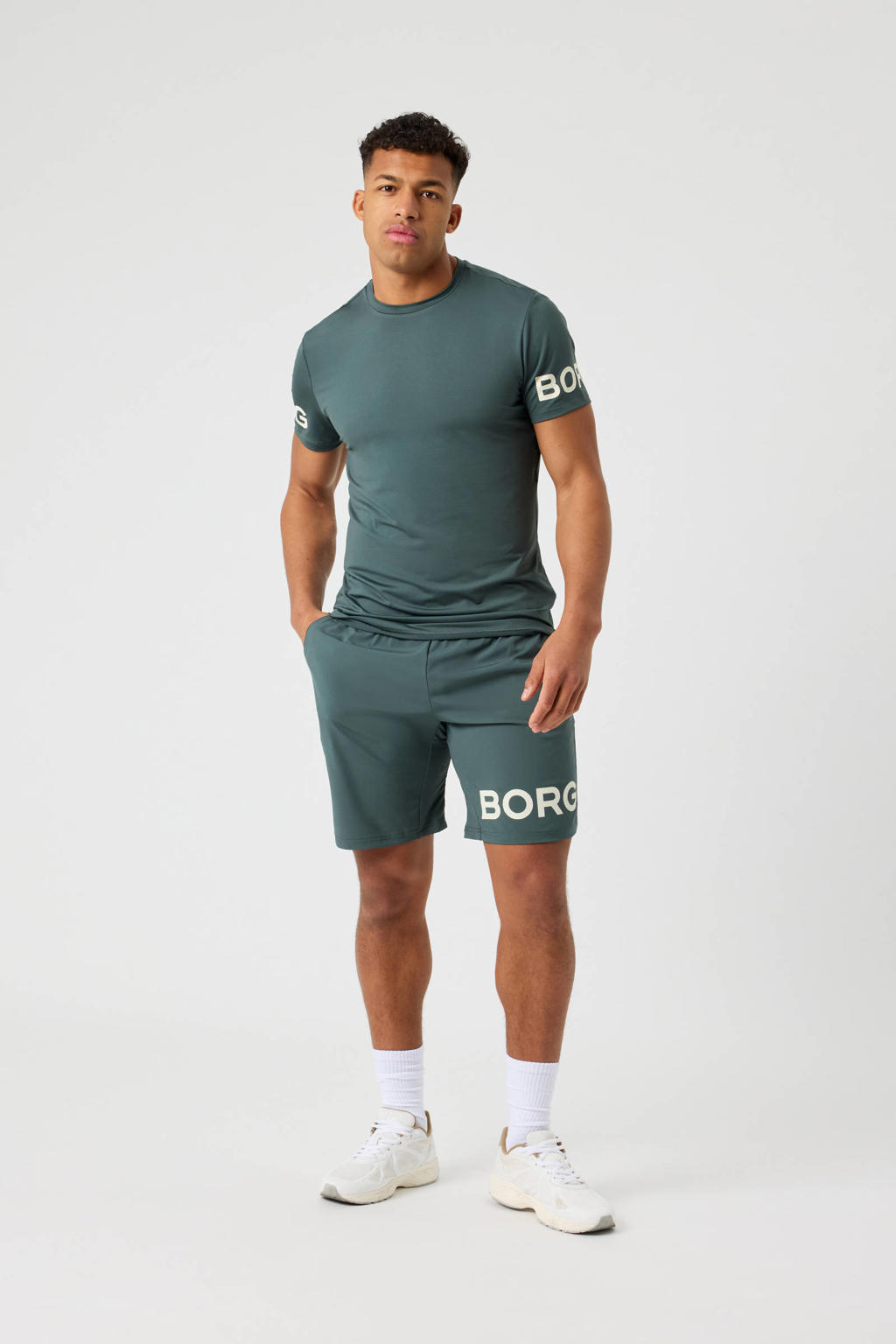 Petrolkleurige heren Björn Borg sportshirt van polyester met logo dessin, korte mouwen en ronde hals