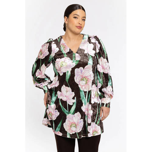 YOEK fluwelen tuniek bruin – bruin/roze/groen