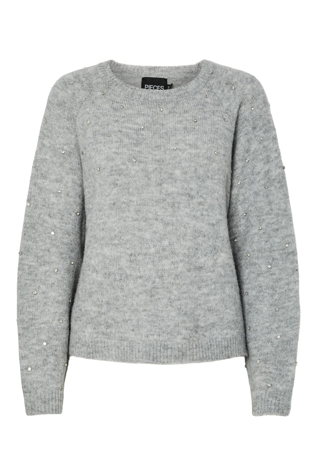 Lichtgrijze dames PIECES Curve trui gebreid van polyester met effen, lange mouwen en ronde hals