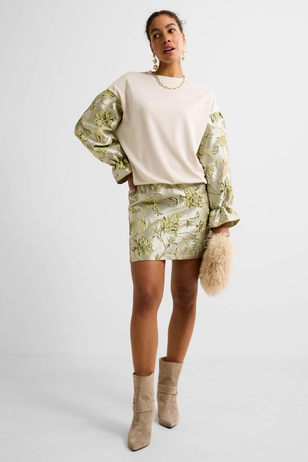 Beige dames Ruby sweater details van polyester met effen, lange mouwen, ronde hals en glimmend detail