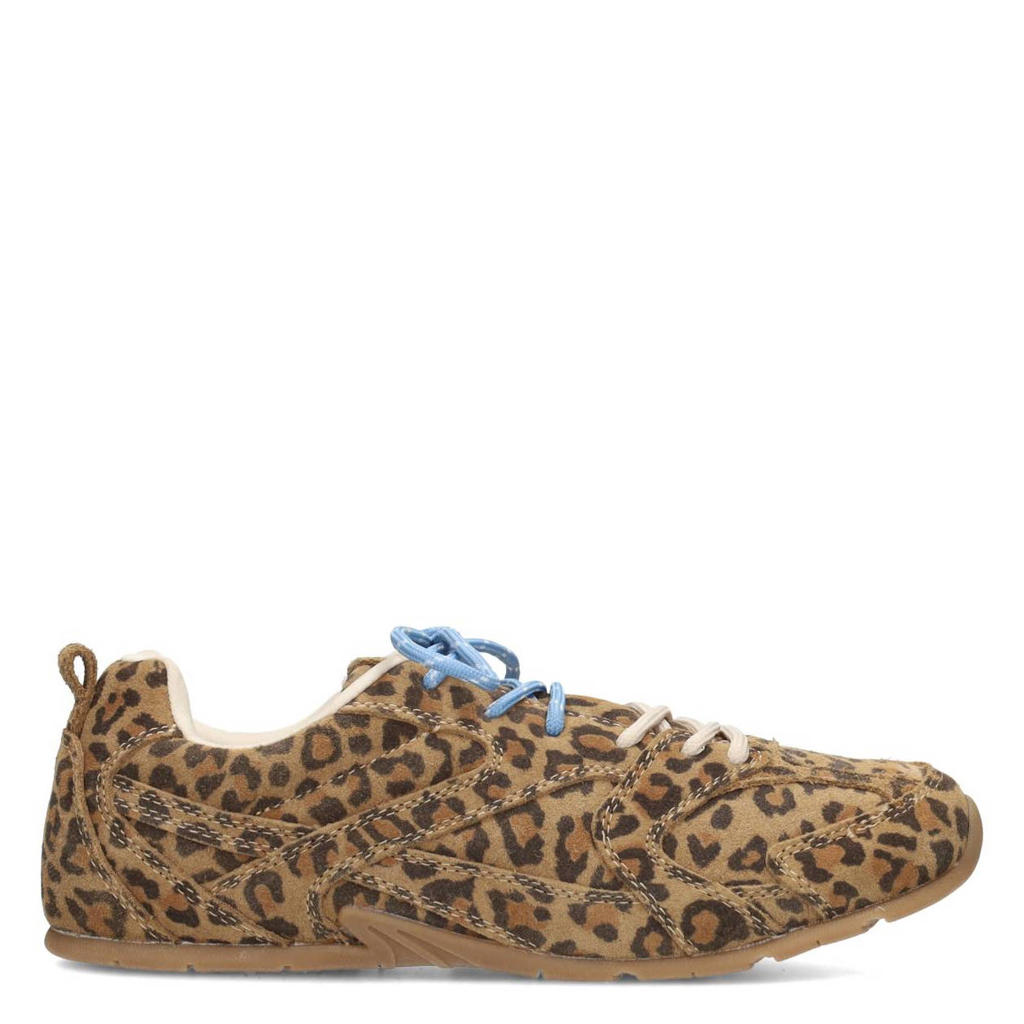 Beige en bruine dames PS Poelman Jenn suède sneakers met veters en panterprint