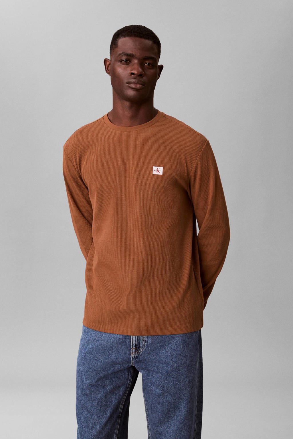 Bruine heren CALVIN KLEIN JEANS longsleeve patroon met effen, lange mouwen en ronde hals