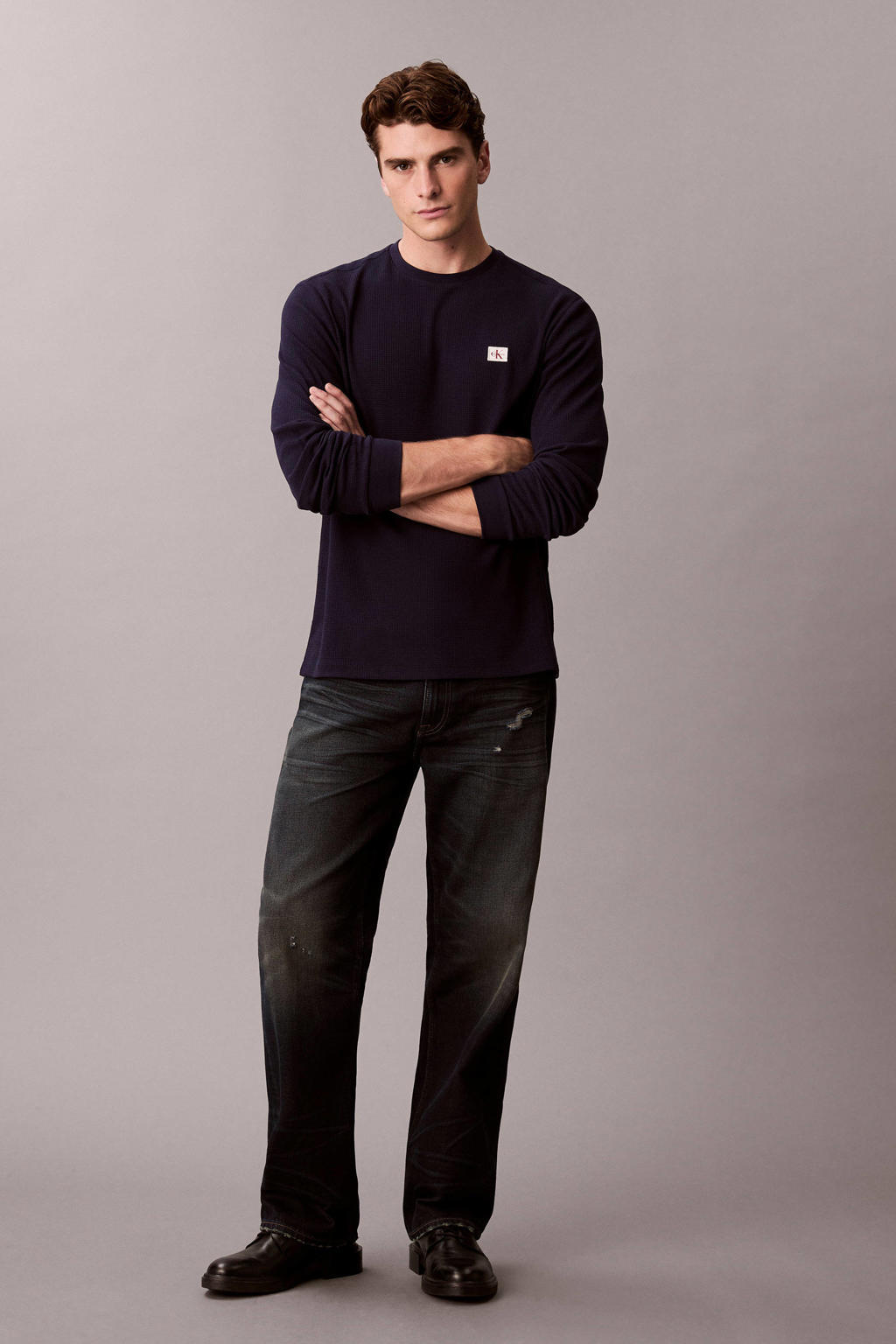 Blauwe heren CALVIN KLEIN JEANS longsleeve patroon met effen, lange mouwen en ronde hals